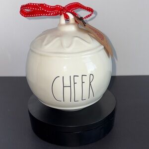 Rae Dunn White CHEER Ornament Decoration with Red Ribbon